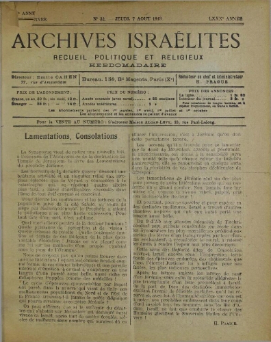 Archives israélites de France. Vol.80 N°32 (07 août 1919)